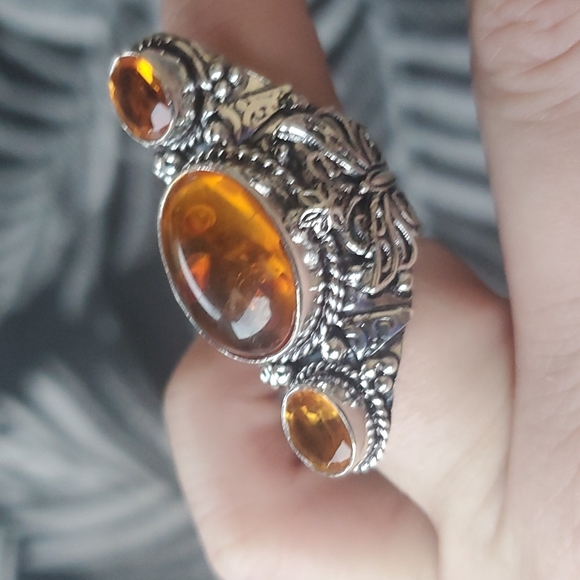 New Baltic Amber & Citrine 925 Silver Butterfly Statement Ring. - Picture 2 of 13